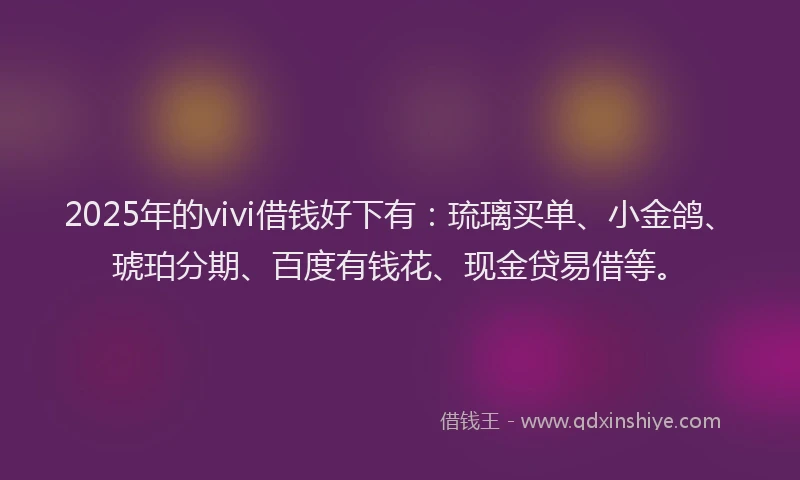 2025年的vivi借钱好下有：琉璃买单、小金鸽、琥珀分期、百度有钱花、现金贷易借等。