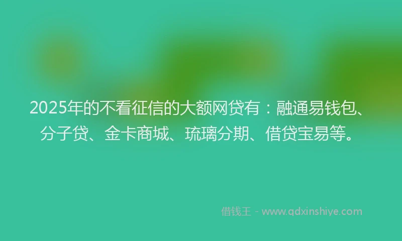 2025年的不看征信的大额网贷有：融通易钱包、分子贷、金卡商城、琉璃分期、借贷宝易等。