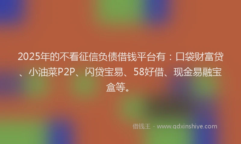 2025年的不看征信负债借钱平台有：口袋财富贷、小油菜P2P、闪贷宝易、58好借、现金易融宝盒等。