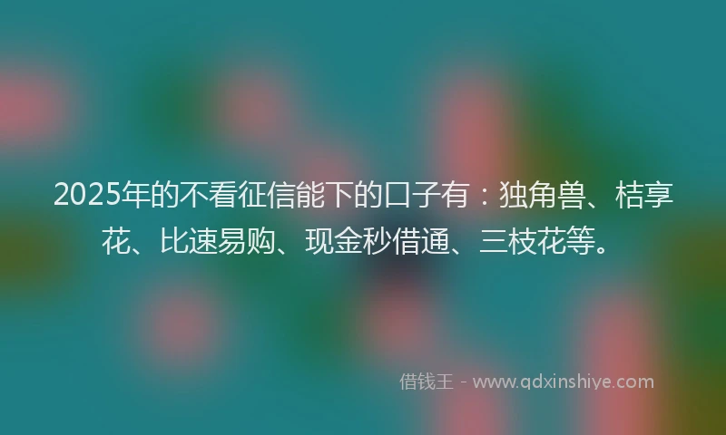 2025年的不看征信能下的口子有：独角兽、桔享花、比速易购、现金秒借通、三枝花等。
