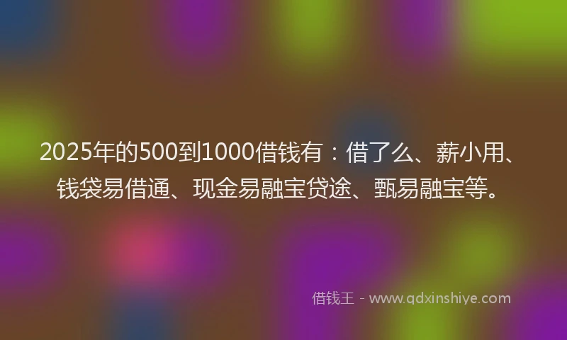 2025年的500到1000借钱有：借了么、薪小用、钱袋易借通、现金易融宝贷途、甄易融宝等。