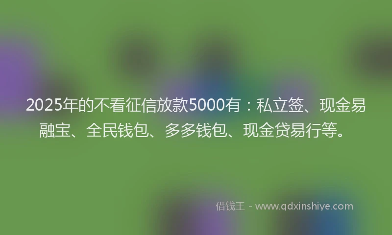 2025年的不看征信放款5000有：私立签、现金易融宝、全民钱包、多多钱包、现金贷易行等。