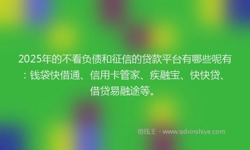 2025年的不看负债和征信的贷款平台有哪些呢有：钱袋快借通、信用卡管家、疾融宝、快快贷、借贷易融途等。