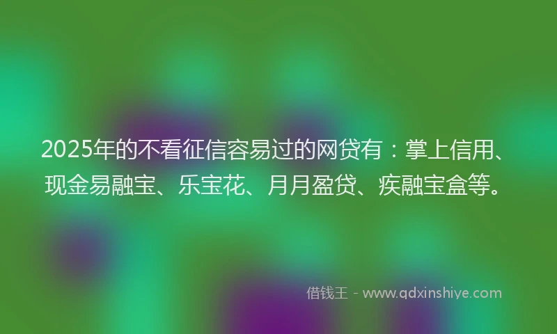 2025年的不看征信容易过的网贷有：掌上信用、现金易融宝、乐宝花、月月盈贷、疾融宝盒等。