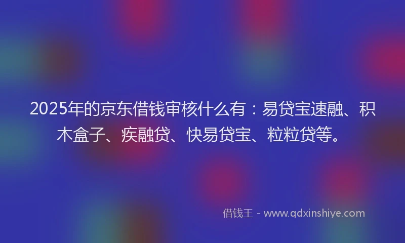 2025年的京东借钱审核什么有：易贷宝速融、积木盒子、疾融贷、快易贷宝、粒粒贷等。