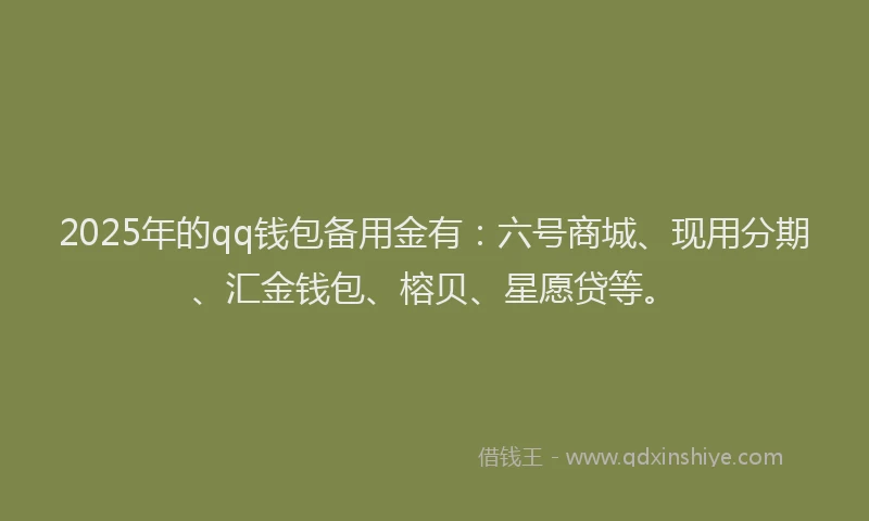 2025年的qq钱包备用金有：六号商城、现用分期、汇金钱包、榕贝、星愿贷等。