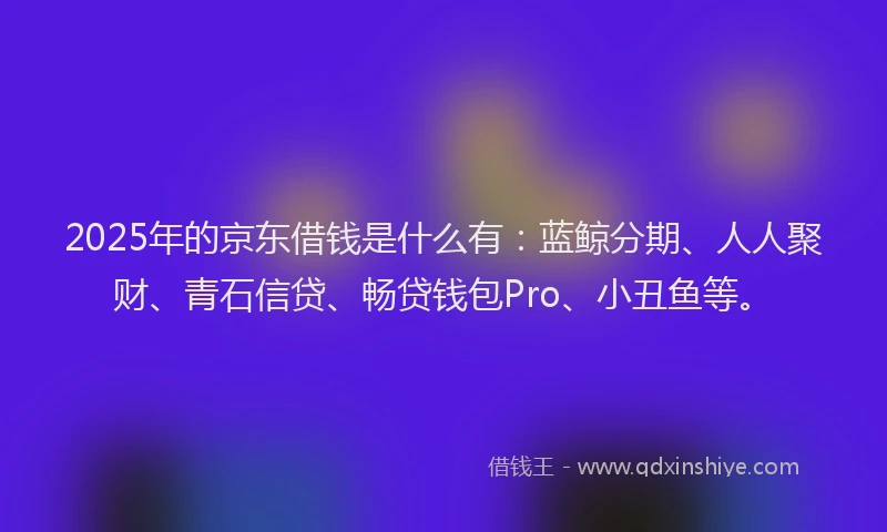 2025年的京东借钱是什么有：蓝鲸分期、人人聚财、青石信贷、畅贷钱包Pro、小丑鱼等。