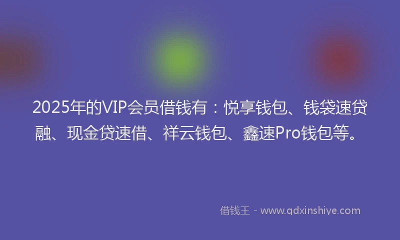 2025年的VIP会员借钱有：悦享钱包、钱袋速贷融、现金贷速借、祥云钱包、鑫速Pro钱包等。