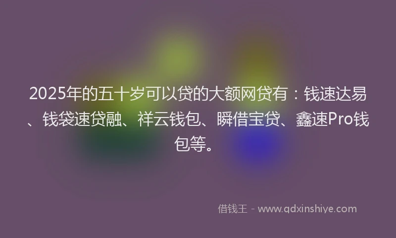 2025年的五十岁可以贷的大额网贷有：钱速达易、钱袋速贷融、祥云钱包、瞬借宝贷、鑫速Pro钱包等。