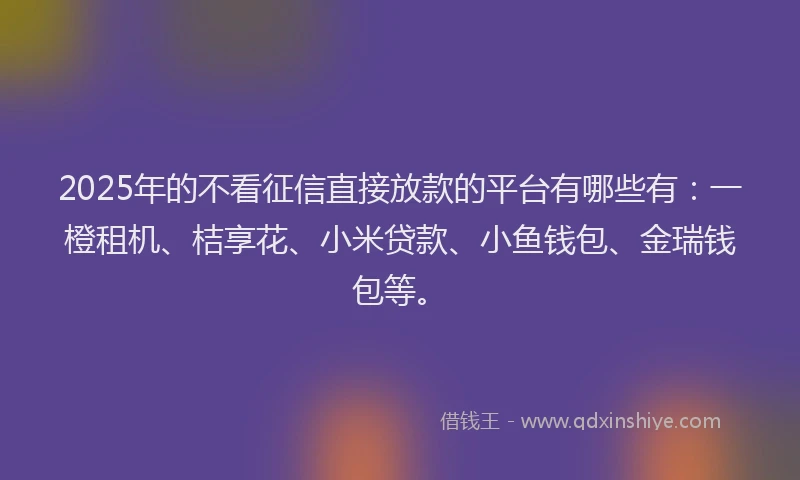 2025年的不看征信直接放款的平台有哪些有：一橙租机、桔享花、小米贷款、小鱼钱包、金瑞钱包等。