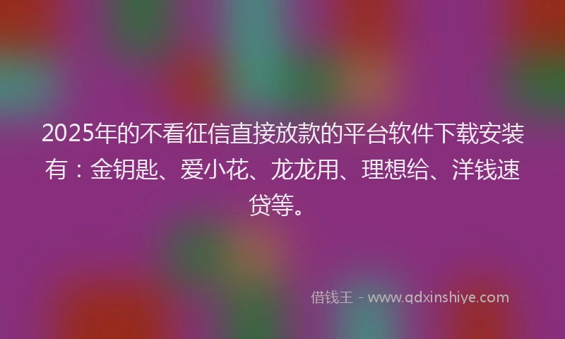 2025年的不看征信直接放款的平台软件下载安装有：金钥匙、爱小花、龙龙用、理想给、洋钱速贷等。