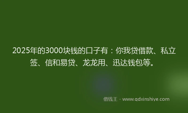 2025年的3000块钱的口子有：你我贷借款、私立签、信和易贷、龙龙用、迅达钱包等。