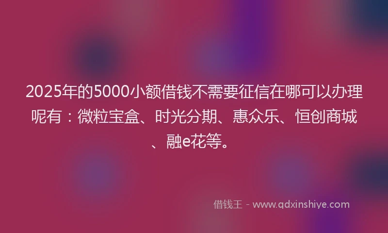 2025年的5000小额借钱不需要征信在哪可以办理呢有：微粒宝盒、时光分期、惠众乐、恒创商城、融e花等。