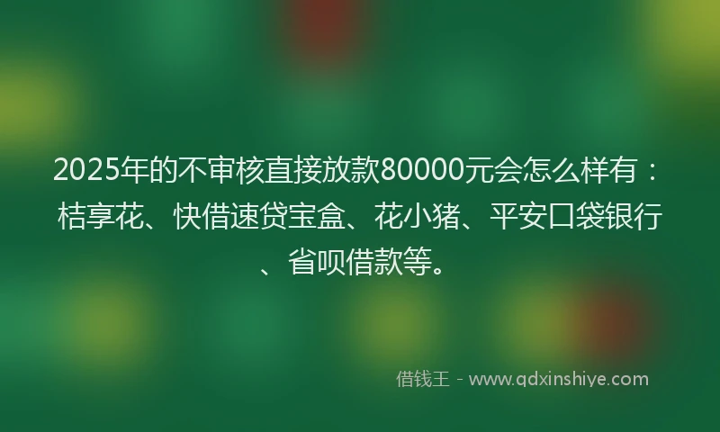 2025年的不审核直接放款80000元会怎么样有：桔享花、快借速贷宝盒、花小猪、平安口袋银行、省呗借款等。