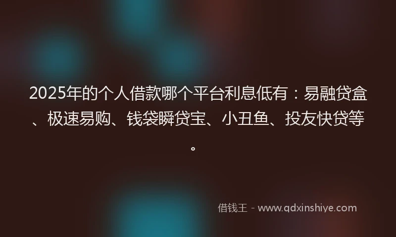 2025年的个人借款哪个平台利息低有：易融贷盒、极速易购、钱袋瞬贷宝、小丑鱼、投友快贷等。