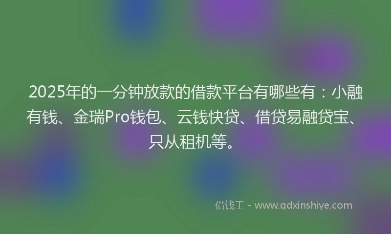 2025年的一分钟放款的借款平台有哪些有：小融有钱、金瑞Pro钱包、云钱快贷、借贷易融贷宝、只从租机等。