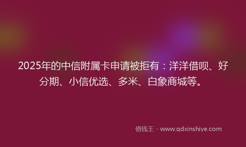 2025年的中信附属卡申请被拒有：洋洋借呗、好分期、小信优选、多米、白象商城等。