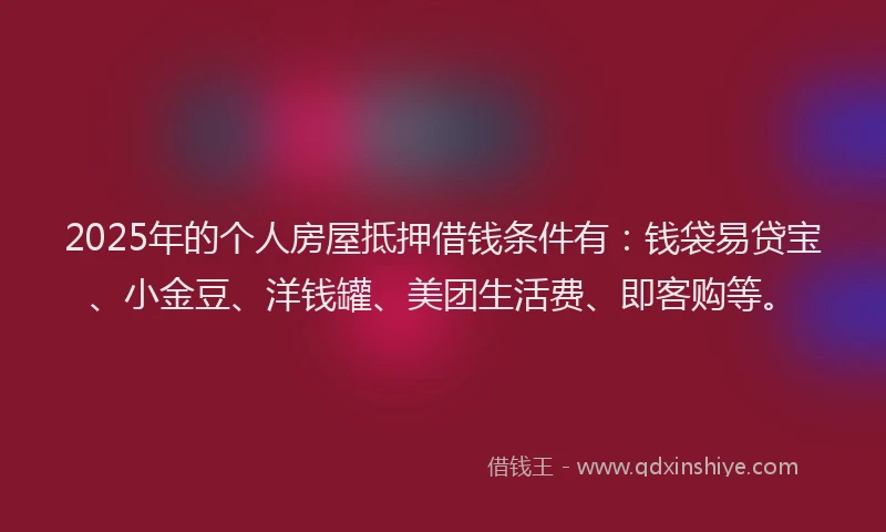 2025年的个人房屋抵押借钱条件有：钱袋易贷宝、小金豆、洋钱罐、美团生活费、即客购等。