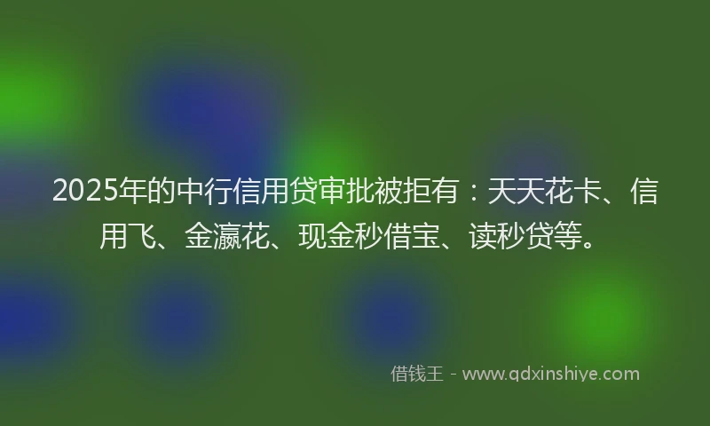 2025年的中行信用贷审批被拒有：天天花卡、信用飞、金瀛花、现金秒借宝、读秒贷等。