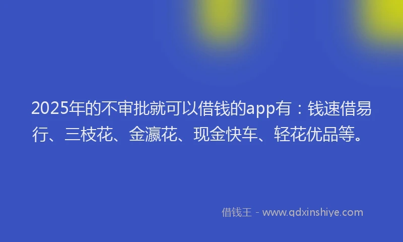 2025年的不审批就可以借钱的app有：钱速借易行、三枝花、金瀛花、现金快车、轻花优品等。