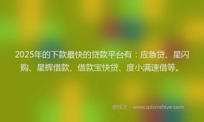 2025年的下款最快的贷款平台有：应急贷、星闪购、星辉借款、借款宝快贷、度小满速借等。