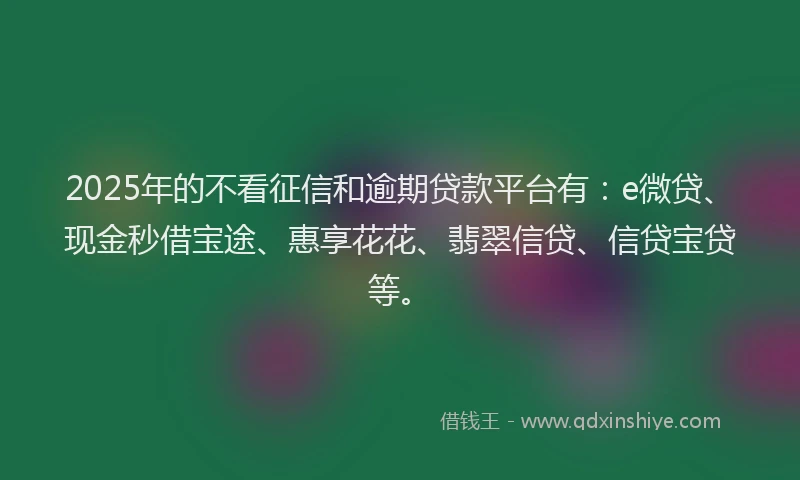 2025年的不看征信和逾期贷款平台有：e微贷、现金秒借宝途、惠享花花、翡翠信贷、信贷宝贷等。