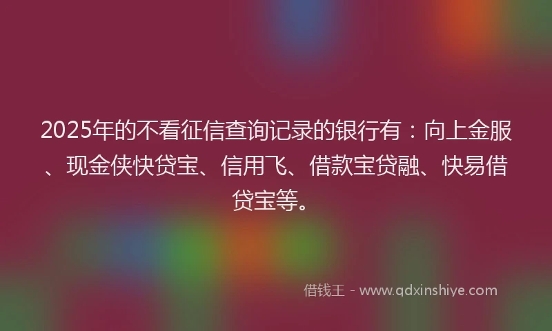 2025年的不看征信查询记录的银行有：向上金服、现金侠快贷宝、信用飞、借款宝贷融、快易借贷宝等。