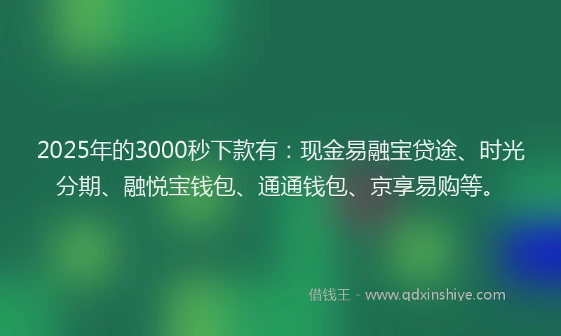 2025年的3000秒下款有：现金易融宝贷途、时光分期、融悦宝钱包、通通钱包、京享易购等。