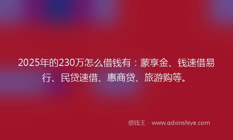 2025年的230万怎么借钱有：蒙享金、钱速借易行、民贷速借、惠商贷、旅游购等。