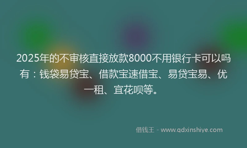 2025年的不审核直接放款8000不用银行卡可以吗有：钱袋易贷宝、借款宝速借宝、易贷宝易、优一租、宜花呗等。