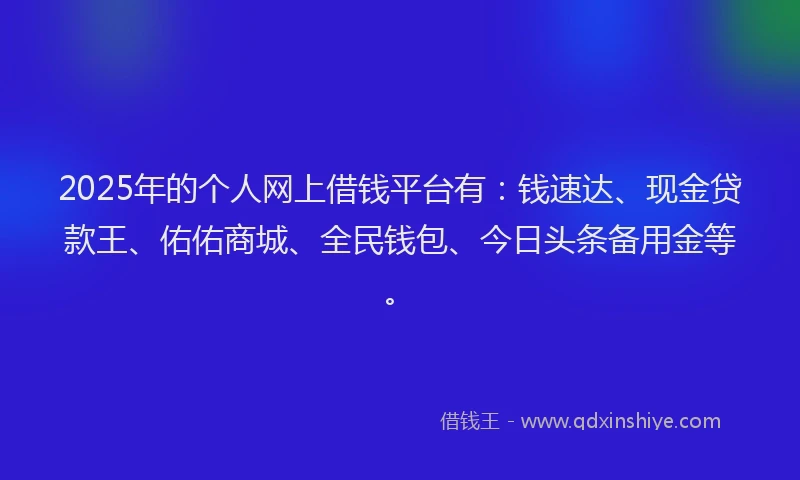 2025年的个人网上借钱平台有：钱速达、现金贷款王、佑佑商城、全民钱包、今日头条备用金等。