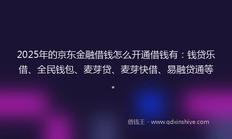 2025年的京东金融借钱怎么开通借钱有：钱贷乐借、全民钱包、麦芽贷、麦芽快借、易融贷通等。