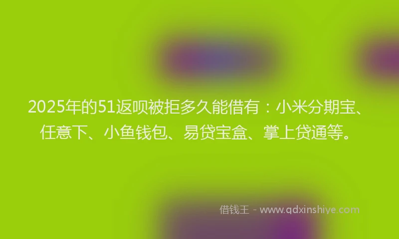 2025年的51返呗被拒多久能借有：小米分期宝、任意下、小鱼钱包、易贷宝盒、掌上贷通等。