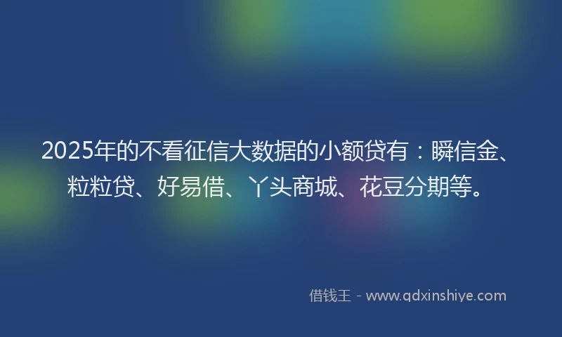 2025年的不看征信大数据的小额贷有：瞬信金、粒粒贷、好易借、丫头商城、花豆分期等。