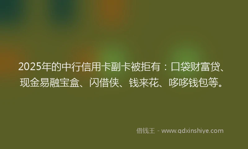 2025年的中行信用卡副卡被拒有：口袋财富贷、现金易融宝盒、闪借侠、钱来花、哆哆钱包等。