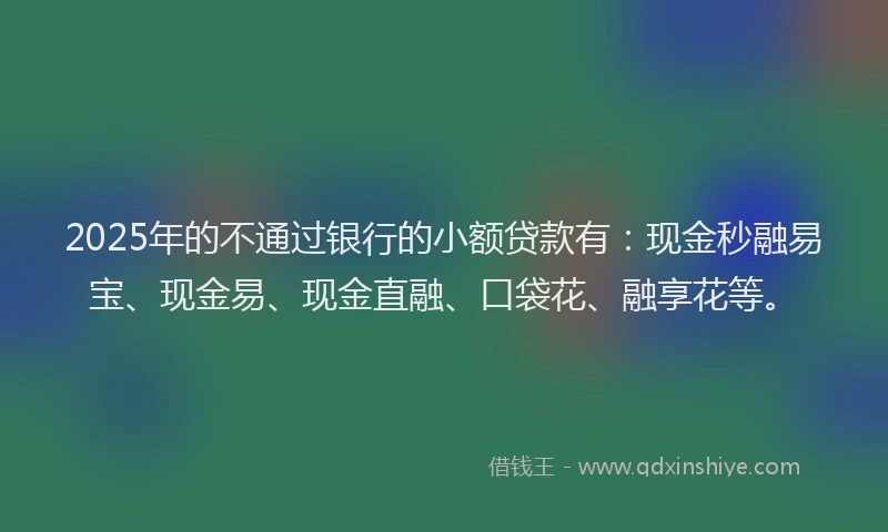 2025年的不通过银行的小额贷款有：现金秒融易宝、现金易、现金直融、口袋花、融享花等。