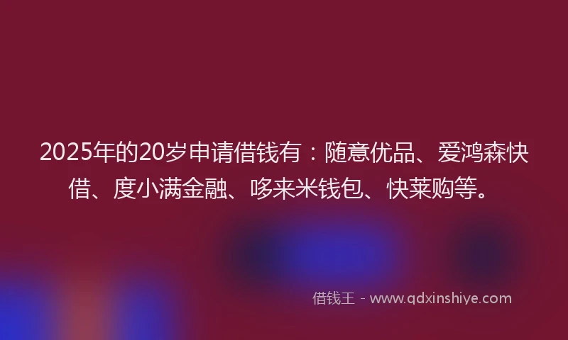 2025年的20岁申请借钱有：随意优品、爱鸿森快借、度小满金融、哆来米钱包、快莱购等。