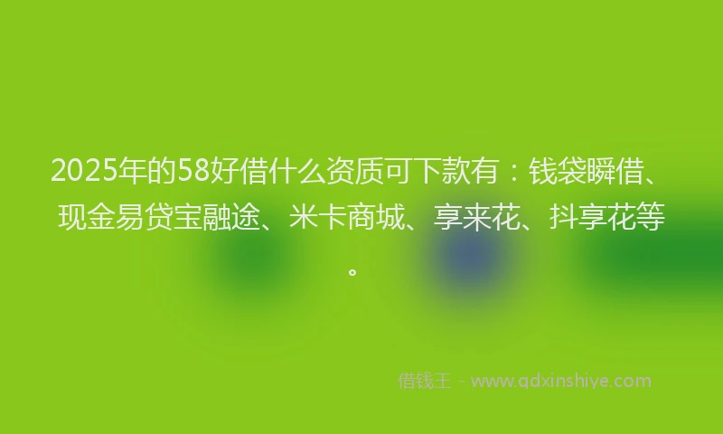 2025年的58好借什么资质可下款有：钱袋瞬借、现金易贷宝融途、米卡商城、享来花、抖享花等。
