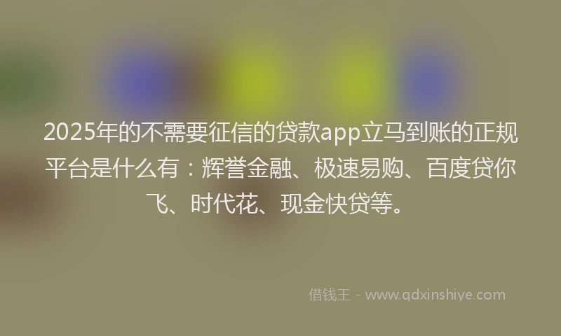 2025年的不需要征信的贷款app立马到账的正规平台是什么有：辉誉金融、极速易购、百度贷你飞、时代花、现金快贷等。