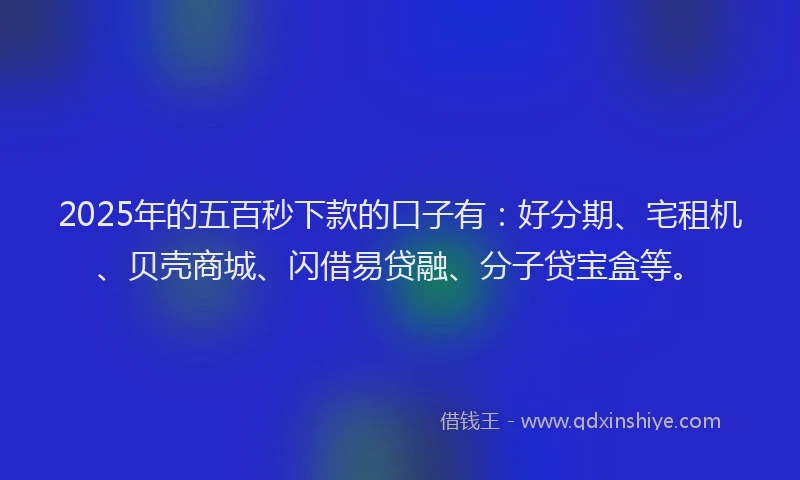 2025年的五百秒下款的口子有：好分期、宅租机、贝壳商城、闪借易贷融、分子贷宝盒等。
