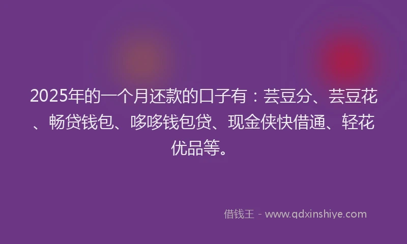 2025年的一个月还款的口子有：芸豆分、芸豆花、畅贷钱包、哆哆钱包贷、现金侠快借通、轻花优品等。