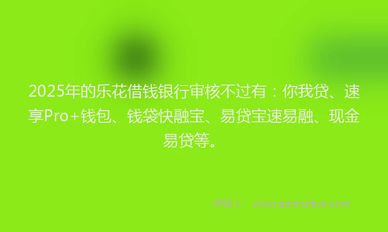 2025年的乐花借钱银行审核不过有：你我贷、速享Pro+钱包、钱袋快融宝、易贷宝速易融、现金易贷等。