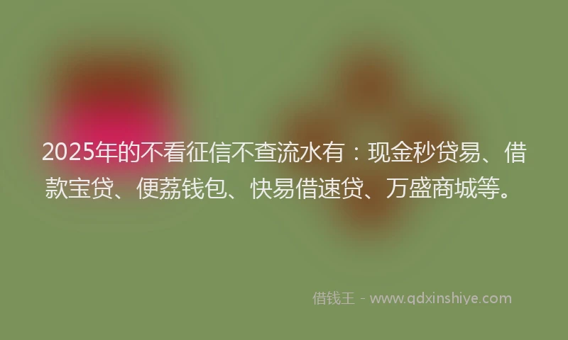 2025年的不看征信不查流水有：现金秒贷易、借款宝贷、便荔钱包、快易借速贷、万盛商城等。