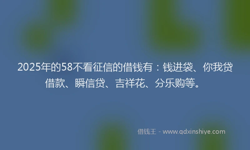 2025年的58不看征信的借钱有：钱进袋、你我贷借款、瞬信贷、吉祥花、分乐购等。