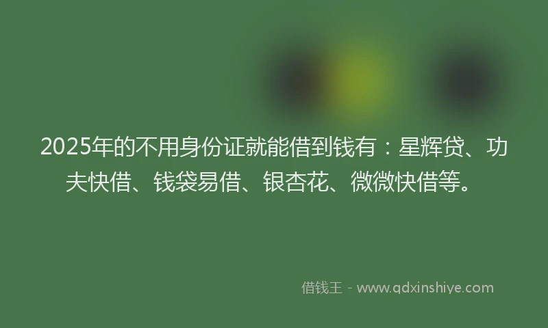 2025年的不用身份证就能借到钱有：星辉贷、功夫快借、钱袋易借、银杏花、微微快借等。