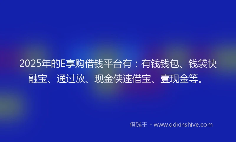 2025年的E享购借钱平台有：有钱钱包、钱袋快融宝、通过放、现金侠速借宝、壹现金等。