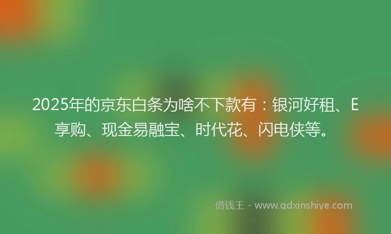 2025年的京东白条为啥不下款有：银河好租、E享购、现金易融宝、时代花、闪电侠等。