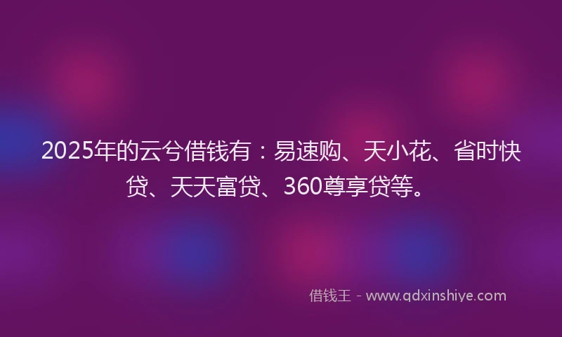 2025年的云兮借钱有：易速购、天小花、省时快贷、天天富贷、360尊享贷等。