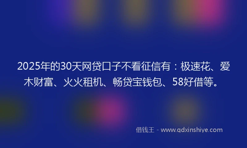 2025年的30天网贷口子不看征信有：极速花、爱木财富、火火租机、畅贷宝钱包、58好借等。