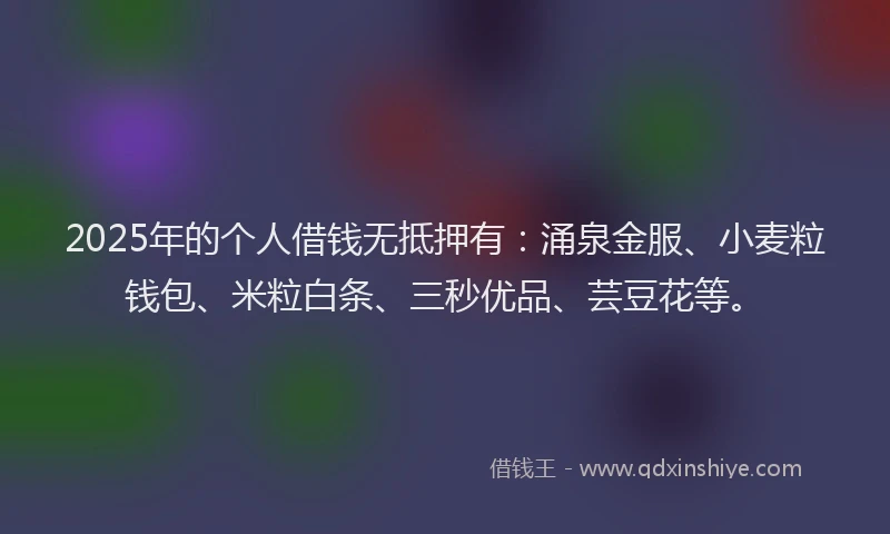 2025年的个人借钱无抵押有：涌泉金服、小麦粒钱包、米粒白条、三秒优品、芸豆花等。
